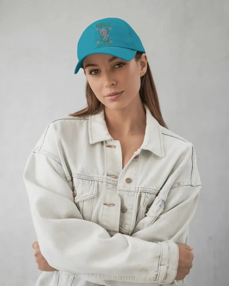 Minimal Design Cap Template On Attractive Female Model With Natural Makeup Wearing Casual Light Wash Denim Jacket