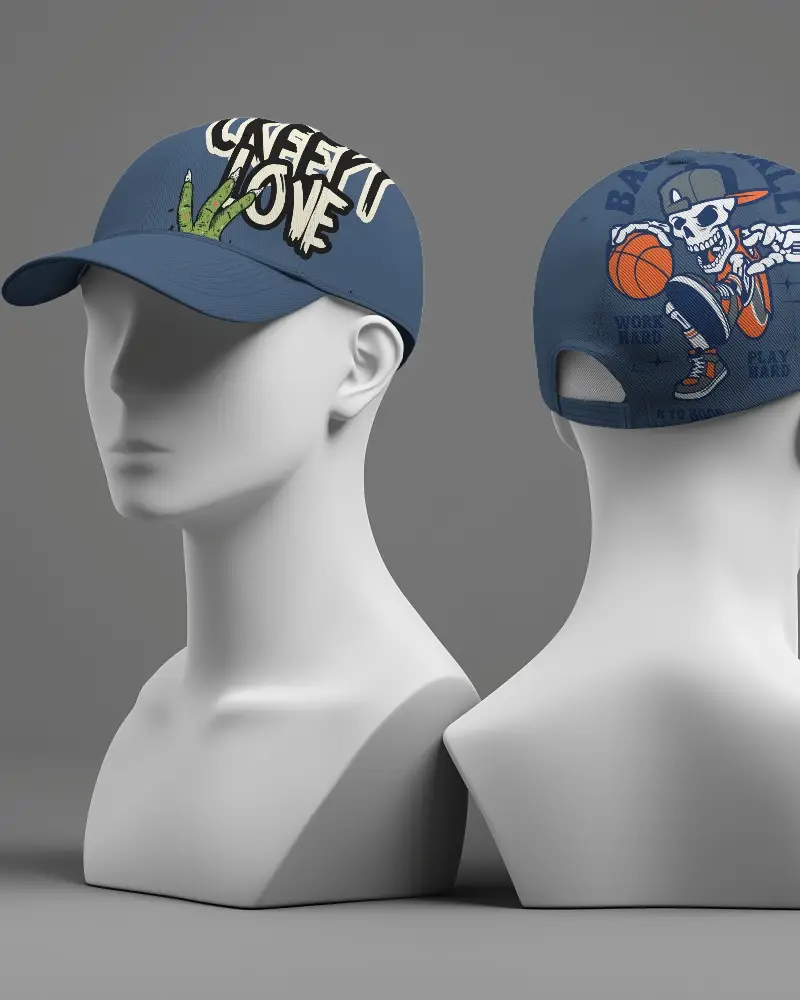 Premium White Cap Mockup Displayed On Minimalist Mannequin Heads For Professional Brand Presentation