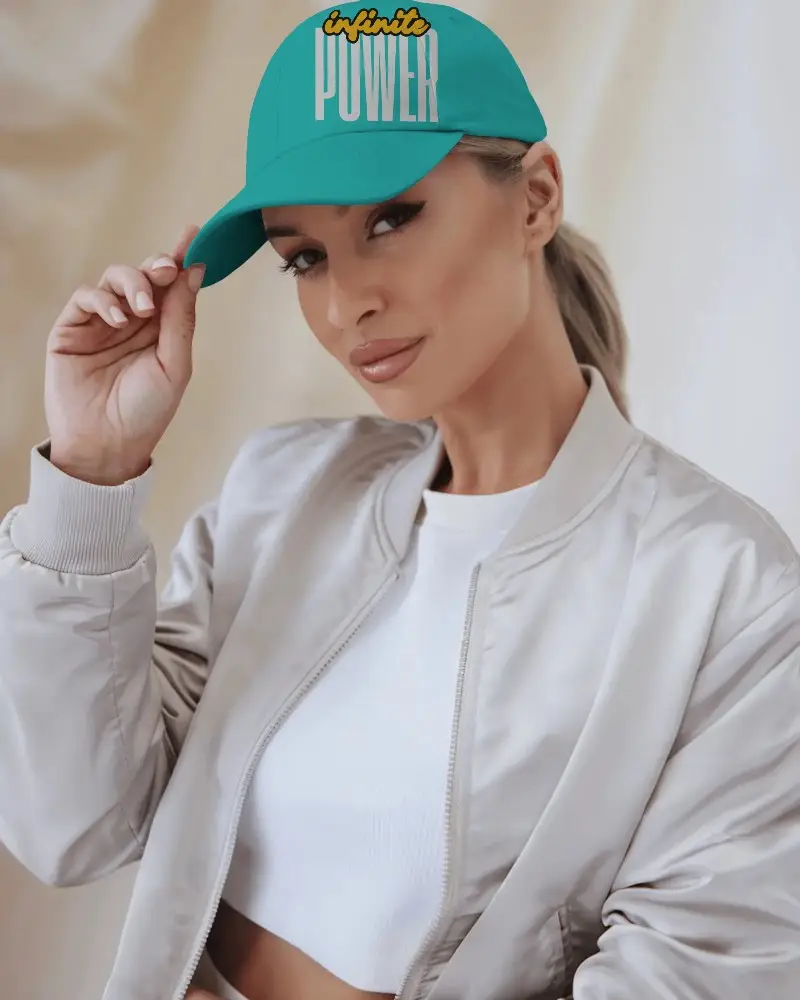 Stylish White Cap Mockup Confident Female Model In Neutral Tones Soft Curtained Background Contemporary Vibe