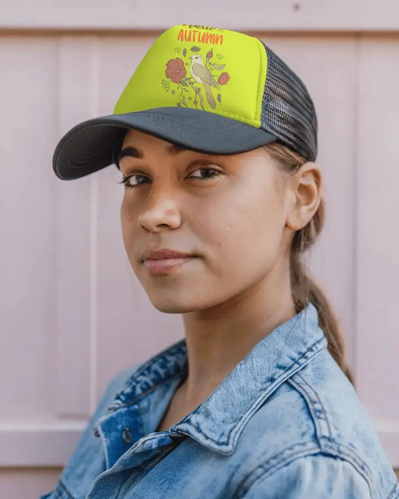 Elegant Cap Mockup For Design Your Graphic On Trendy Snapback Hat Worn By Fashionable Young Woman