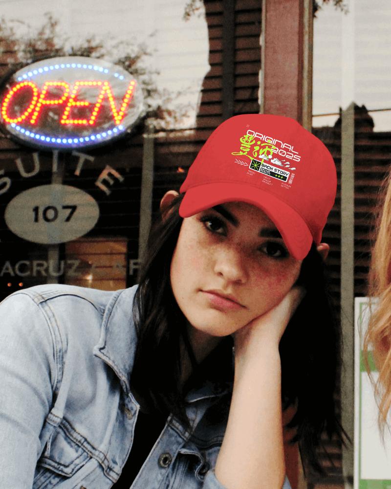White Dad Hat Mockup In Front Of Neon Open Sign