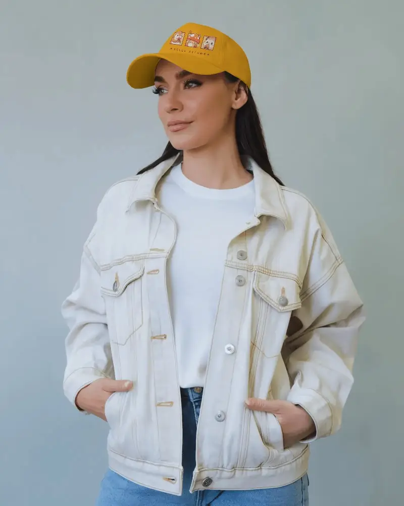 Stylish White Cap Mockup For Apparel Brands Featuring Your Design Here On Casual Female Model Wearing Denim Jacket And White Tee