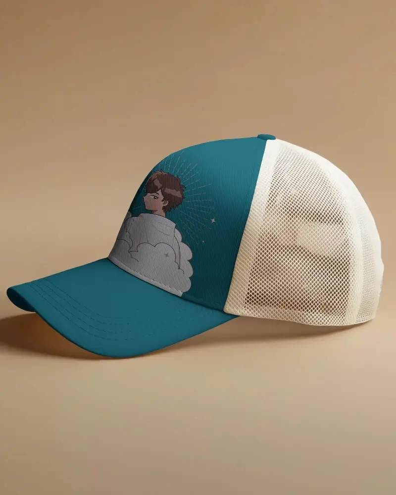 Customizable White Trucker Hat Mockup With Your Design On Front Featuring Mesh Back Perfect For Fashion Brands And Marketing