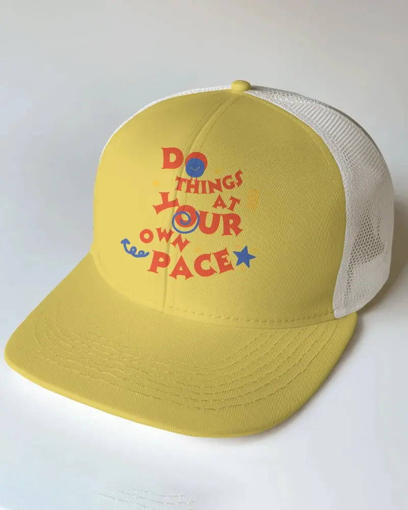 Customizable White Trucker Hat Mockup With Your Design On Front Featuring Mesh Sides Ideal For Brand Marketing