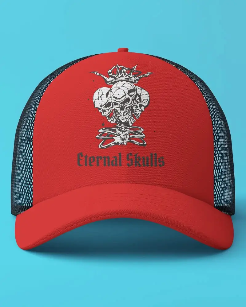 White And Black Trucker Cap Mockup On Blue Background Perfect For Custom Branding And Logo Showcase