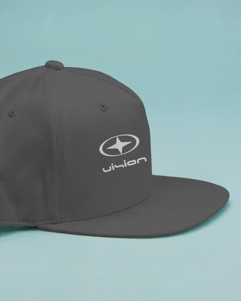 Side Angle Flat Brim White Baseball Cap Mockup On Blue Background Modern Urban Style