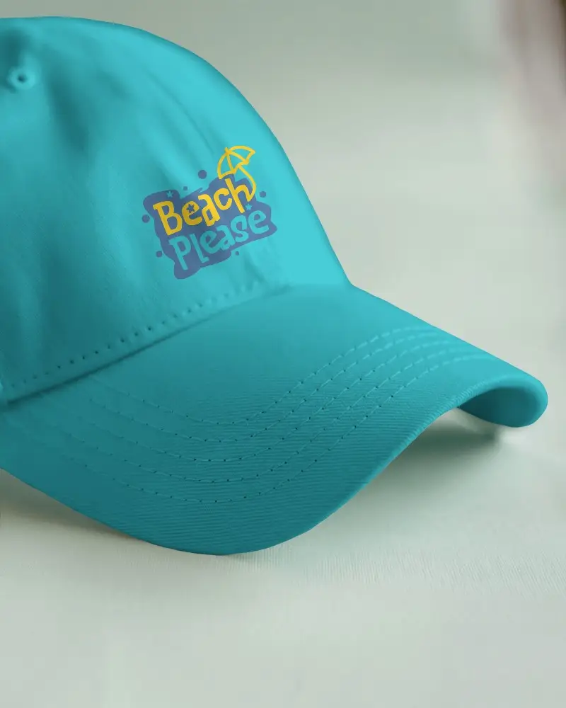 Close Up Angled White Baseball Cap Mockup On Mint Surface Soft Lighting And Detailed Stitching Focus
