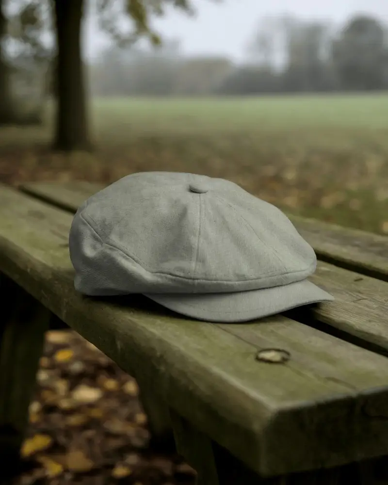Foggy Park Flat Cap Mockup Placed On Wooden Bench In Autumn Setting With Muted Green Backdrop
