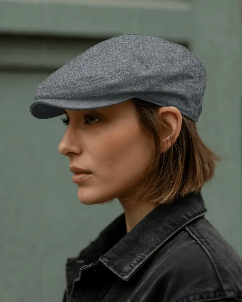 Side Profile Flat Cap Mockup Woman In Black Jacket Standing Against Painted Wall Street Style