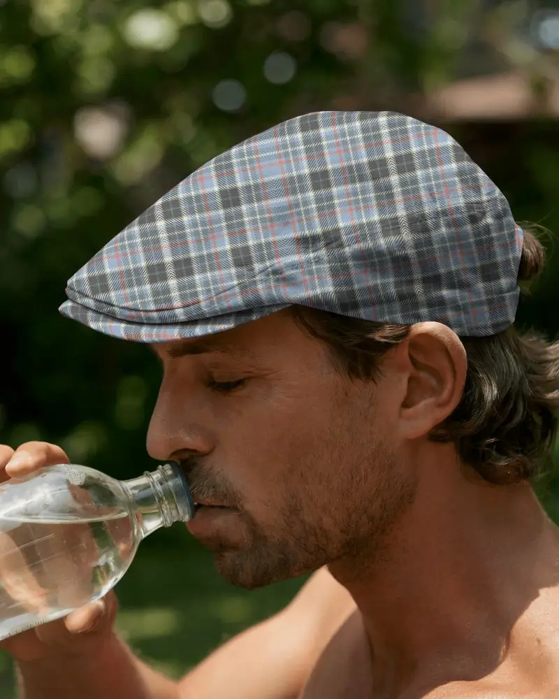 Sun Drenched Outdoor Flat Cap Mockup Man Drinking Water In Garden Scene Natural Lighting And Texture