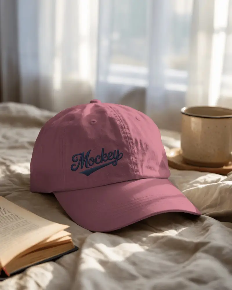 Sunlit Bedroom Cap Mockup Laid On Bed Beside Book And Coffee Cup With Curtains Glow Effect