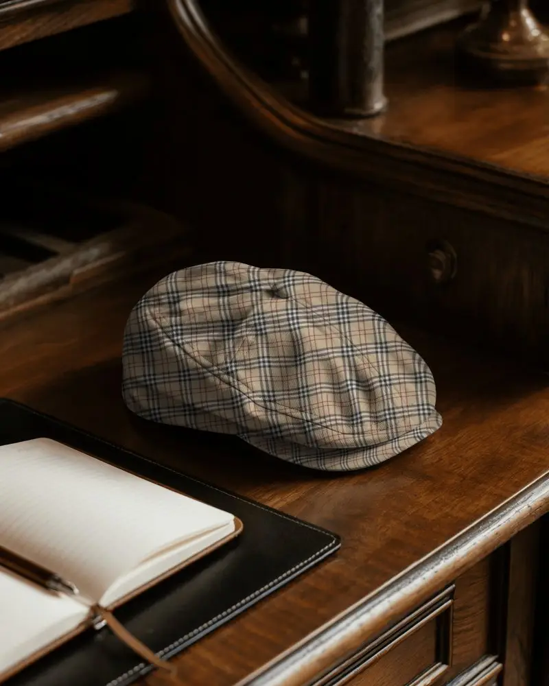Flat Cap Mockup On Vintage Office Desk Beside Open Notebook And Pen In Wooden Interior Classic Style