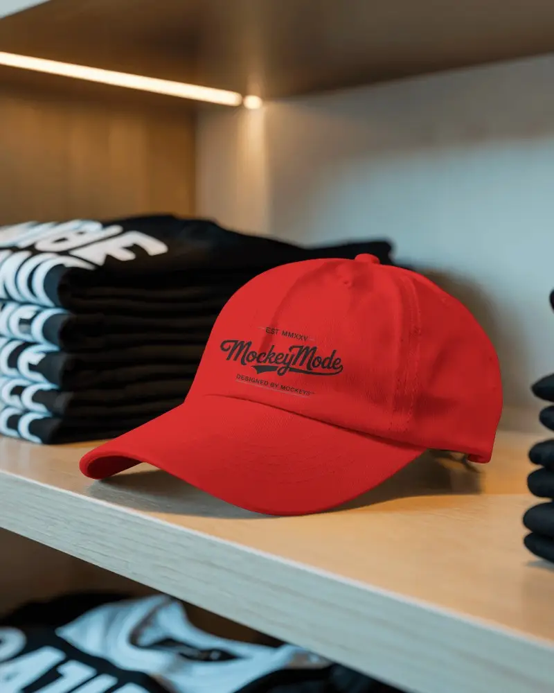 Plain Baseball Cap For Custom Branding On Wooden Retail Display Shelf Blank Caps