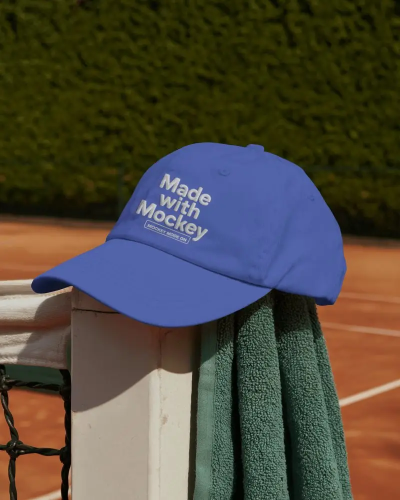 Sporty Outdoor Cap Mockup On Tennis Court Net Post With Texture Background