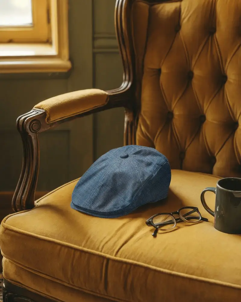 Classic Flat Cap On Vintage Chair With Eyeglasses And Coffee Mug For Style Mockup Presentations