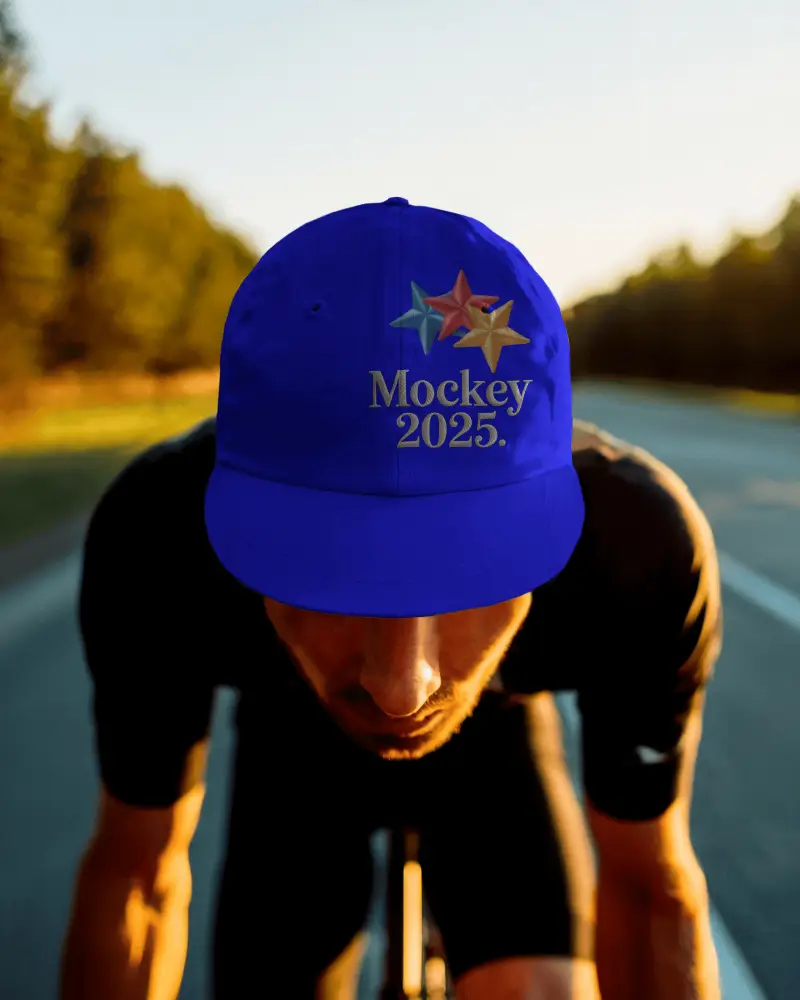 Sunset Road Cycling Cap Mockup Worn By Rider In Motion With Trees Casting Golden Light Glow