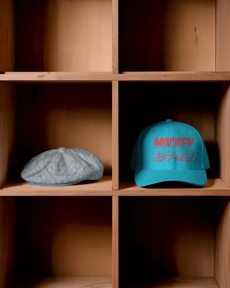 Vintage Style Flat Cap And Modern Baseball Cap Mockups Display On Wooden Shelf