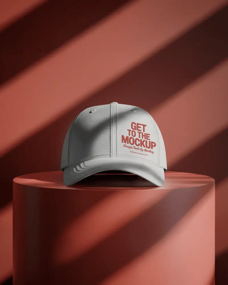 Cap Mockup Front View Baseball Hat On Cylinder Pedestal Striped Lighting Modern Display