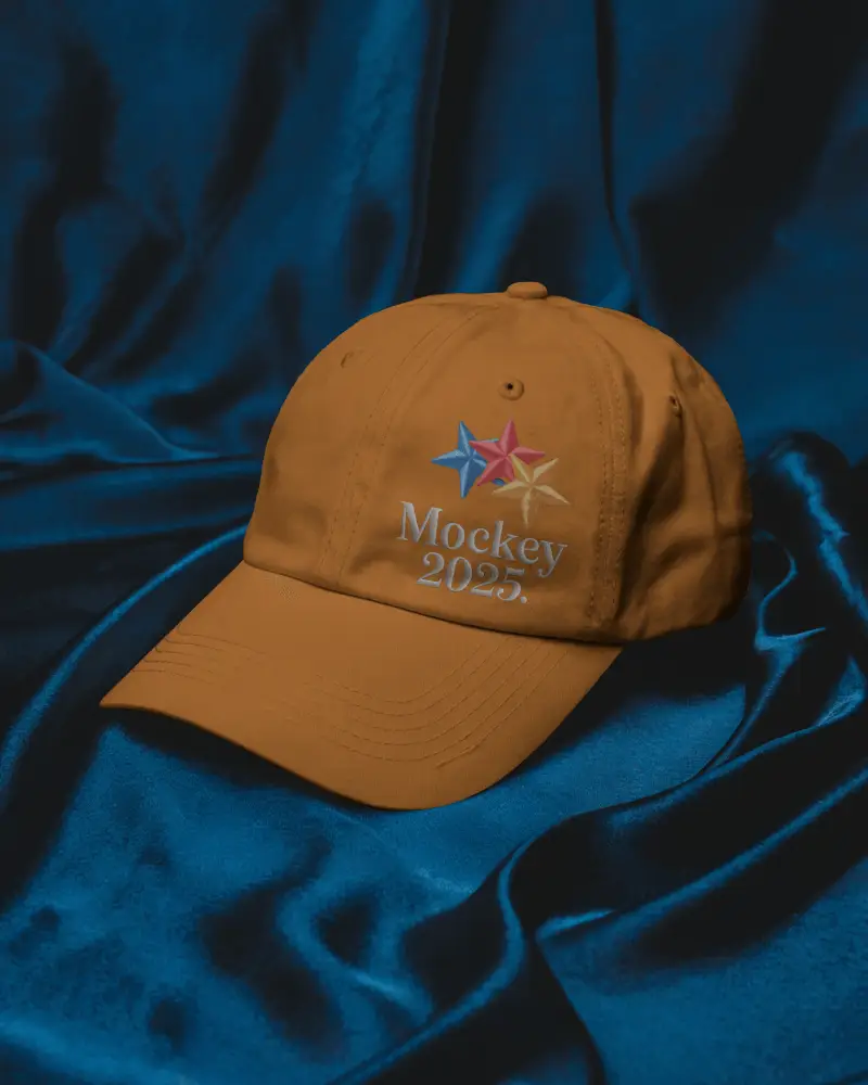 Satin Drape Cap Mockup Baseball Hat Placed On Dark Blue Fabric Smooth Elegant Background