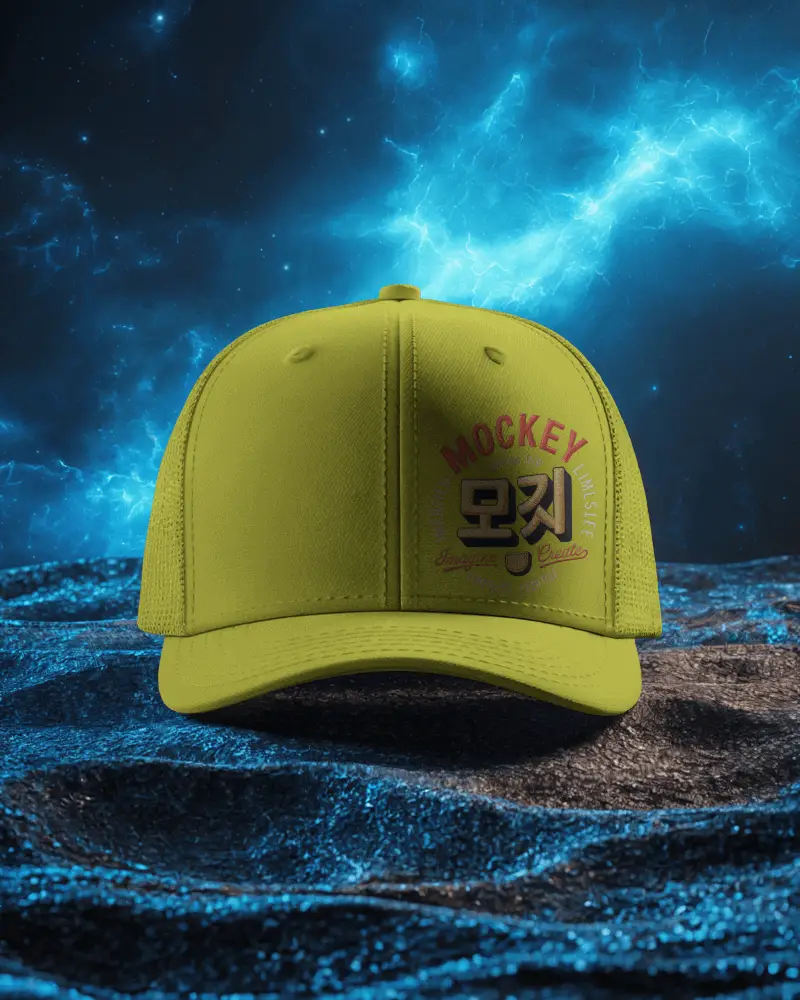Futuristic Cap Mockup Mesh Back Hat Front View Blue Electric Light Galaxy Background Scene