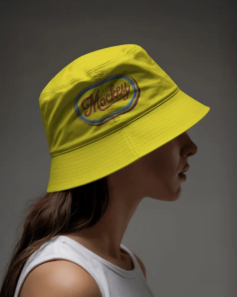 Female Model Wearing Bucket Cap Mockup Monochrome Studio Look Clean And Fashion Forward