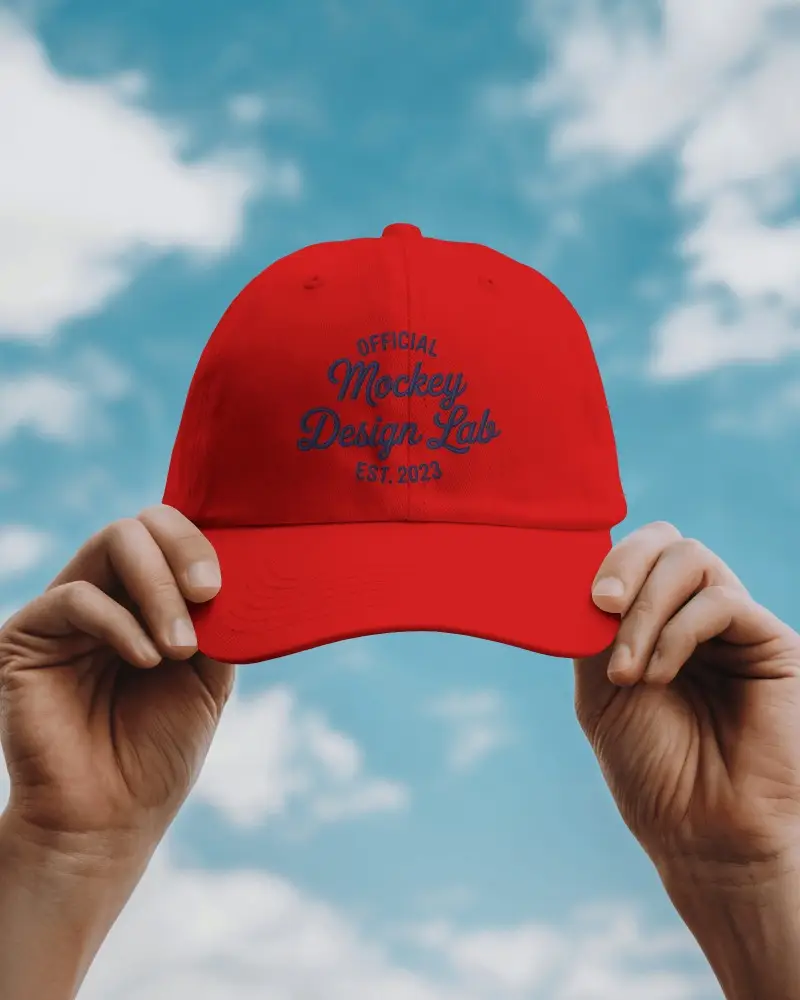 Front View Baseball Cap Mockup Hands Holding Black Cap Against Blue Sky Natural Lighting