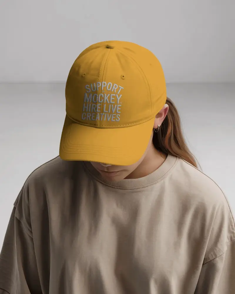 Casual Cap Mockup Woman In Oversized Beige Shirt Dark Baseball Hat Studio Look Modern Style