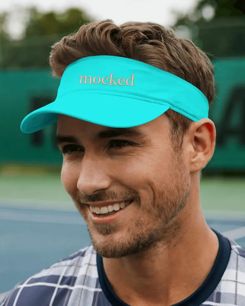 Sporty Visor Cap Mockup Male Model Smiling In Tennis Outfit Outdoor Court Summer Fashion