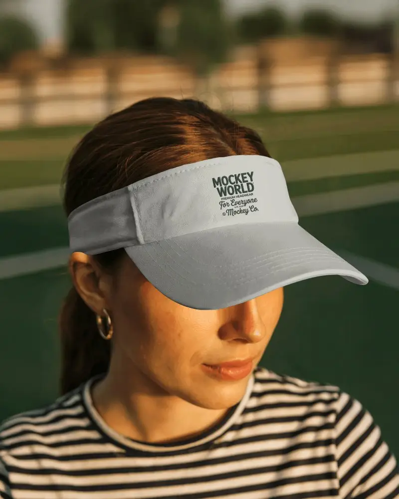 Photorealistic Visor Cap Mockup Woman In Striped Top Golden Hour Shot Outdoor Fashion