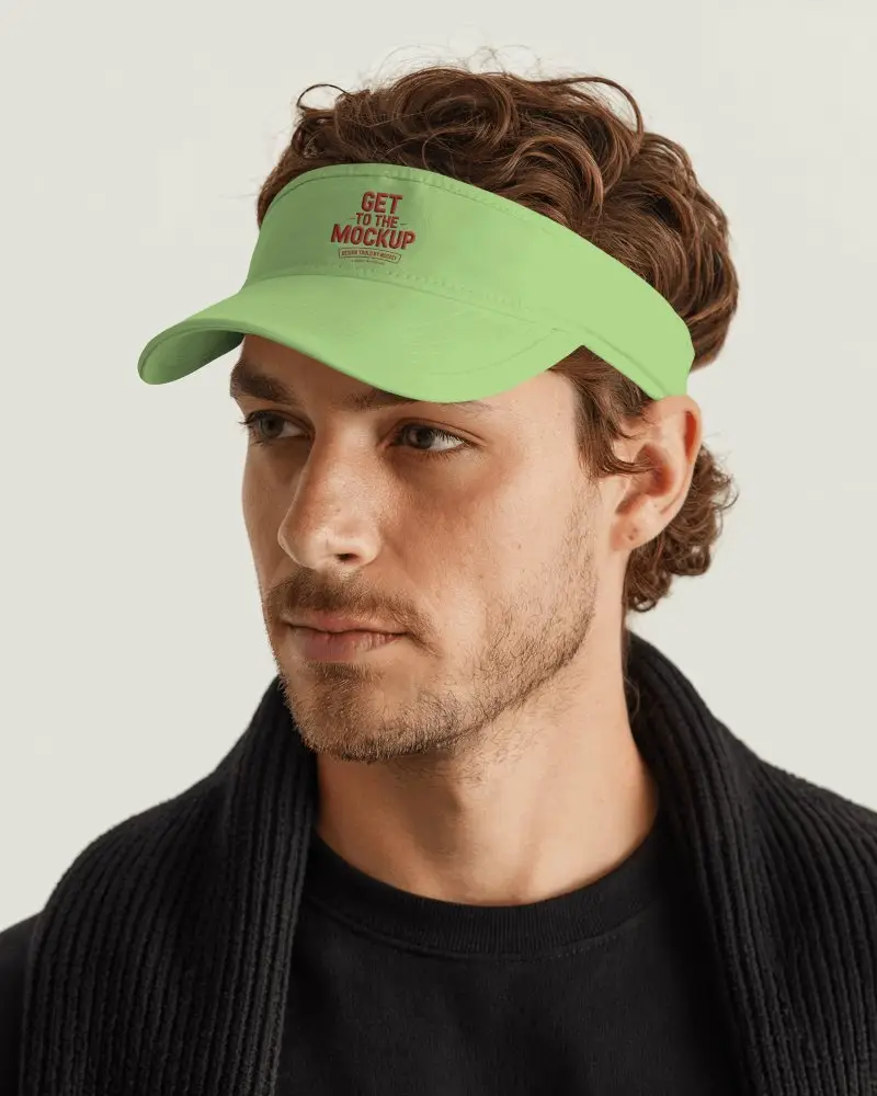Sleek Visor Cap Mockup Male Model In Black Sweater Neutral Background Modern Studio Style