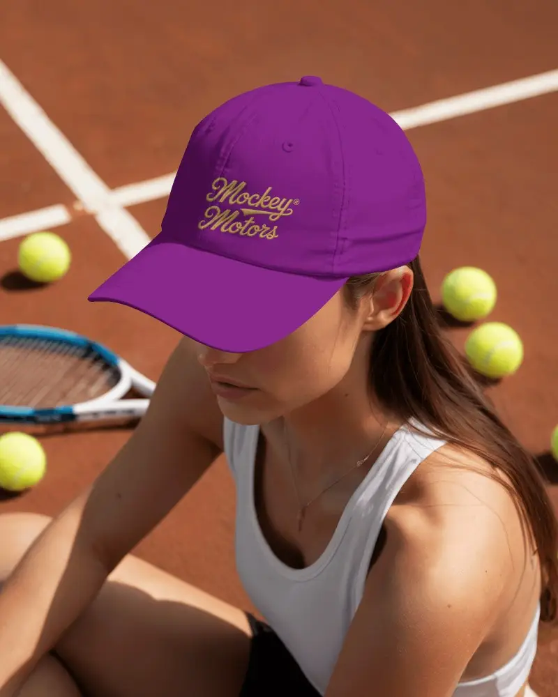 Sporty Baseball Cap Mockup Female Model Sitting On Tennis Court With Racket And Balls