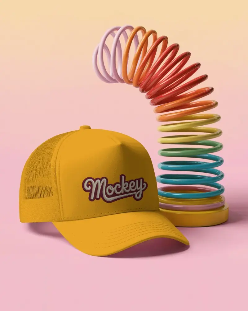 Trendy Trucker Cap Mockup Dark Hat With Mesh Back Against Colorful Spring Toy Pastel Scene