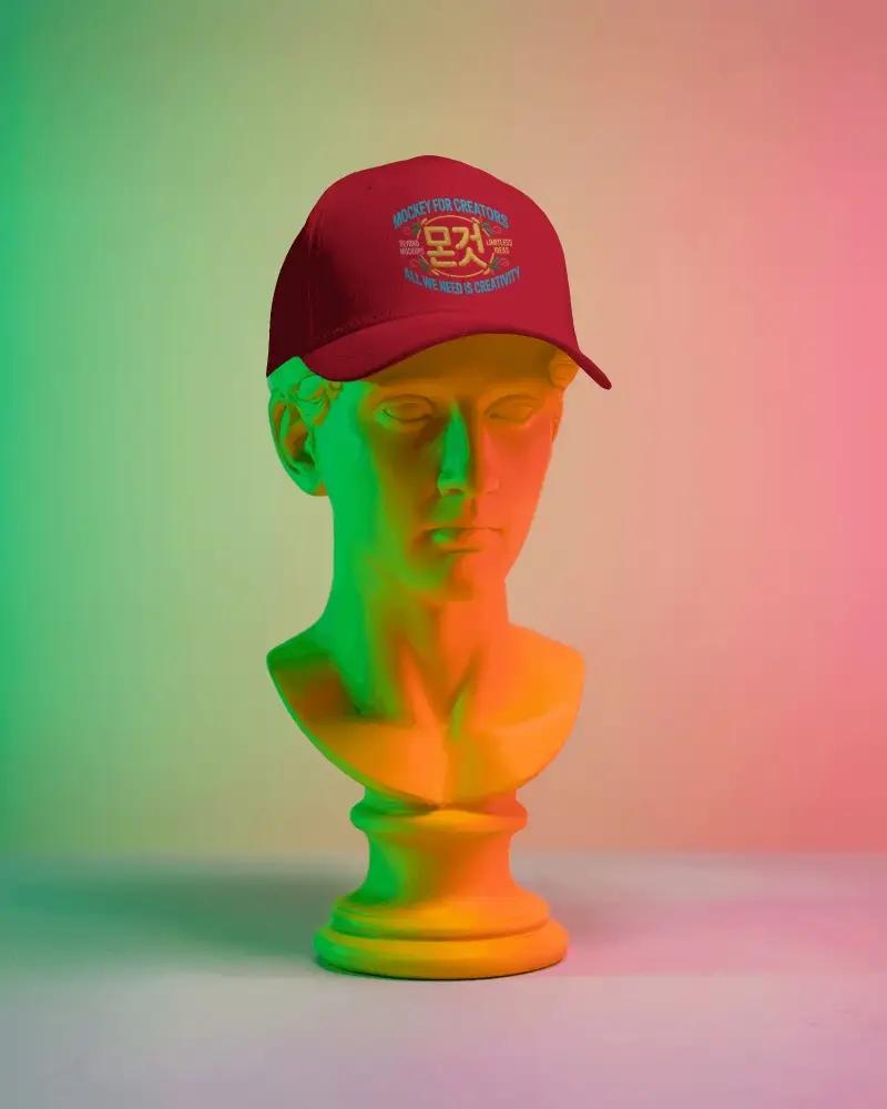 Artistic Cap Mockup Dark Baseball Hat On Classic Bust Statue Colorful Neon Lighting Display