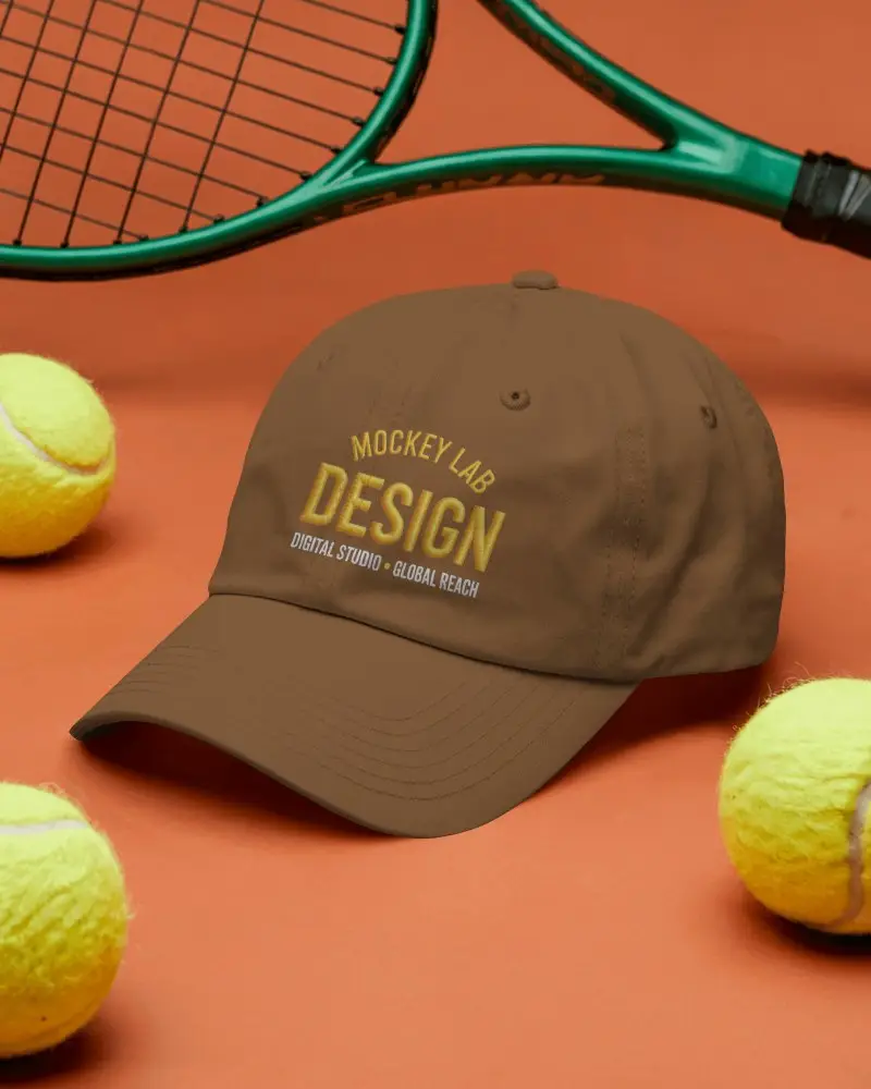Sporty Baseball Cap Mockup Dark Hat On Orange Background With Tennis Balls And Racket