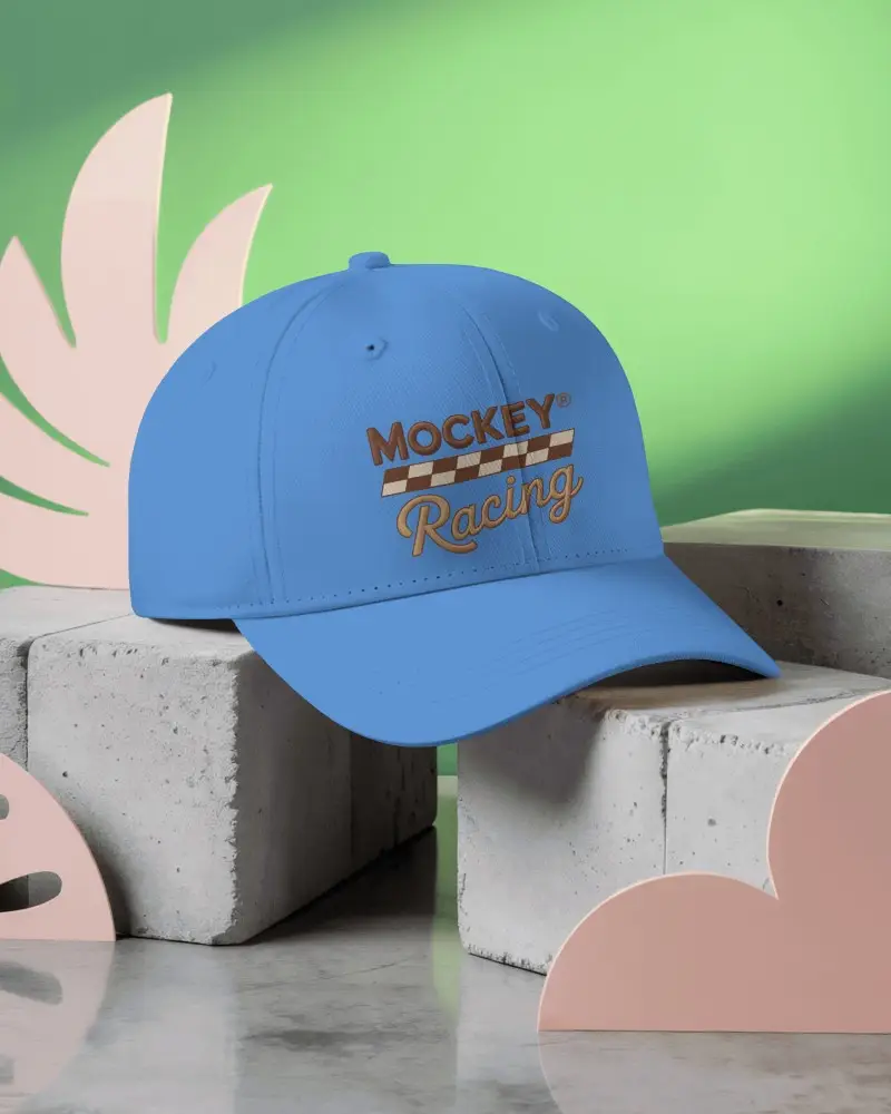 Stylish Baseball Cap Mockup Dark Hat On Concrete Blocks Green Background Modern Display