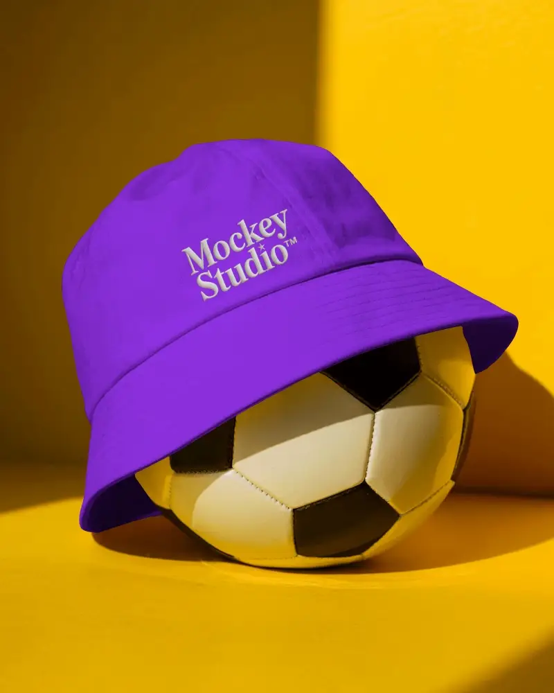 Sporty Bucket Hat Mockup Dark Cap On Soccer Ball Bright Yellow Background Athletic Display