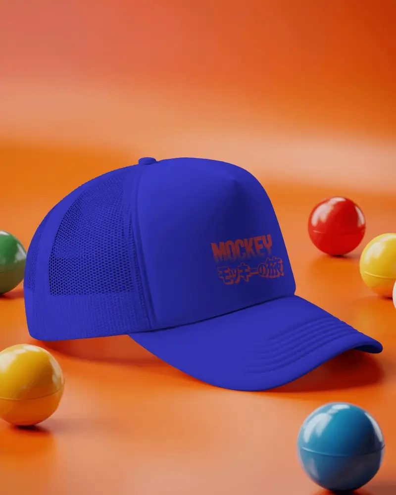 Trendy Trucker Cap Mockup Black Mesh Hat Surrounded By Colorful Balls Orange Background
