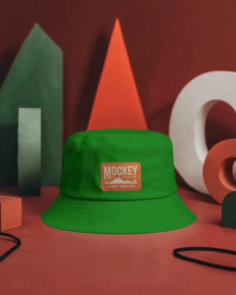 Stylish Bucket Hat Mockup Dark Cap On Red Background With Geometric Shapes Modern Display