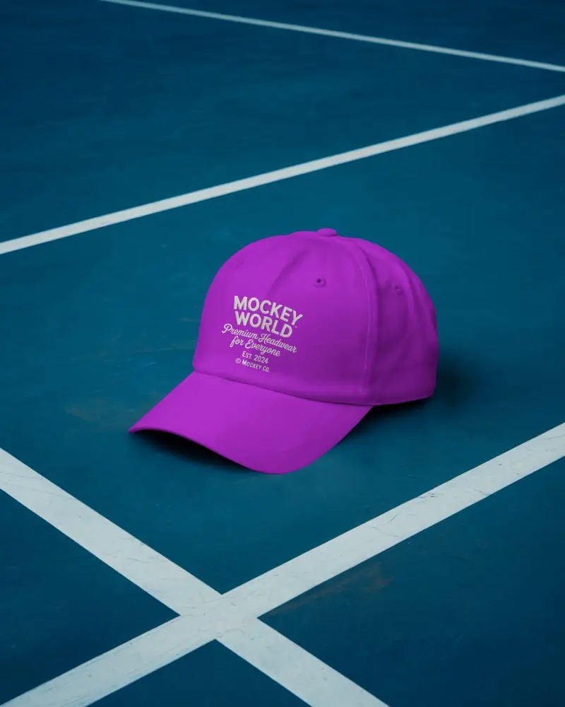 Sporty Baseball Cap Mockup Placed On Blue Tennis Court With White Lines Clean Look
