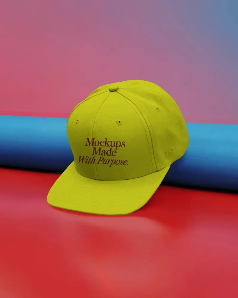 Stylish Baseball Cap Mockup On Red Surface With Blue Roll And Gradient Backdrop