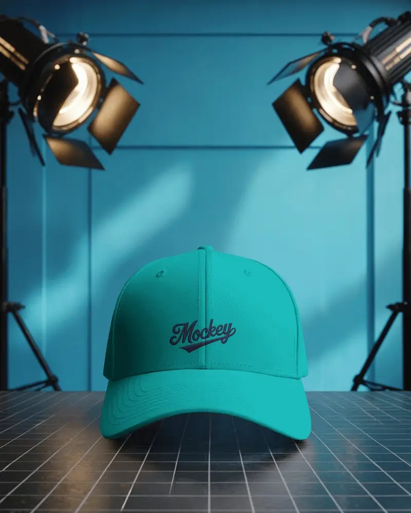 Stylish Baseball Cap Mockup Under Studio Spotlights Modern Fashion Display
