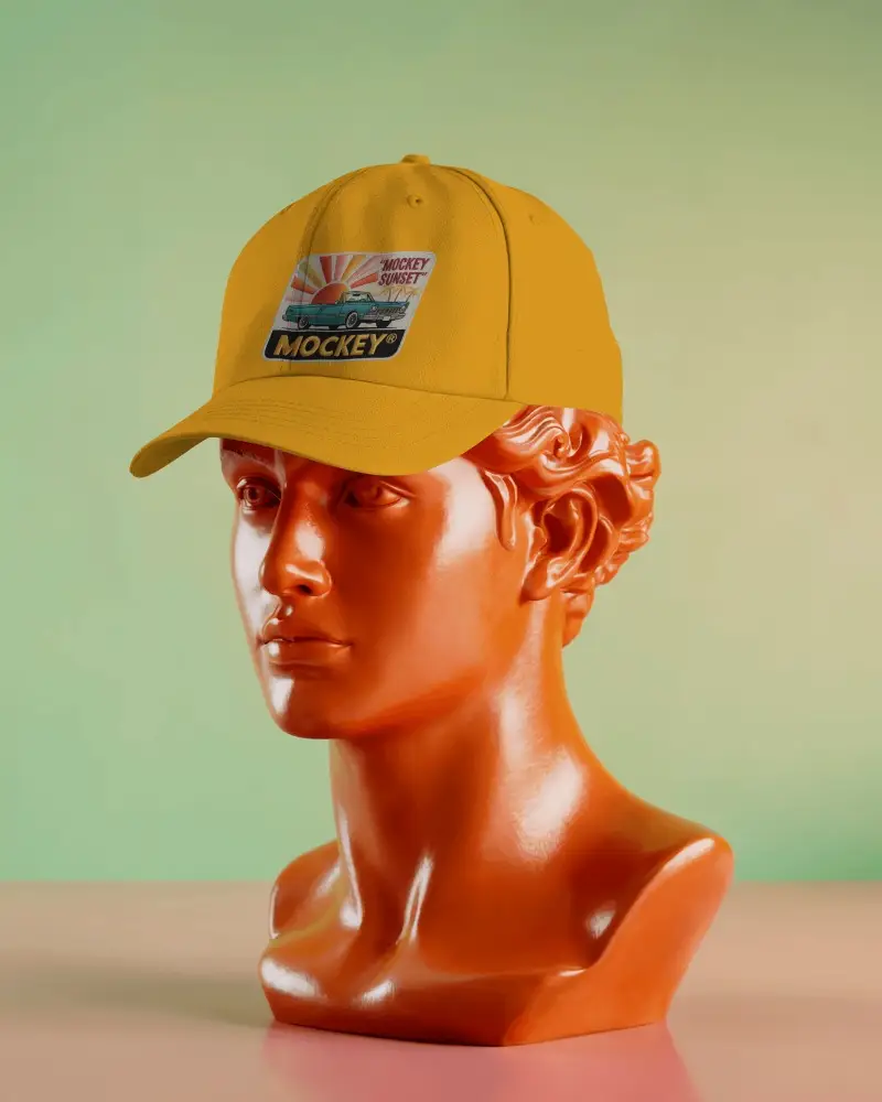 Artistic Baseball Cap Mockup On Orange Bust Statue Green Background Modern Scene