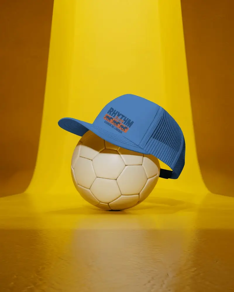 Sporty Trucker Cap Mockup Mesh Hat On Soccer Ball Bright Yellow Background Display
