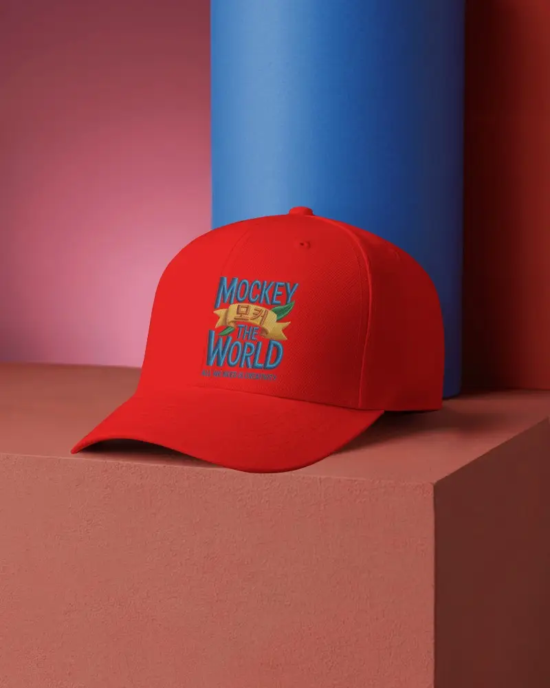 Stylish Baseball Cap Mockup Hat On Red Surface With Blue Cylinder Modern Studio Look