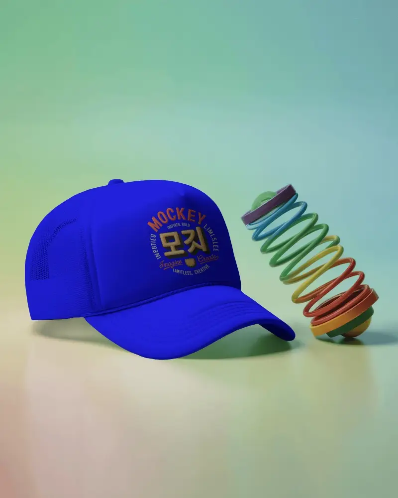 Trendy Trucker Cap Mockup Mesh Hat With Rainbow Spring Toy Colorful Studio Display