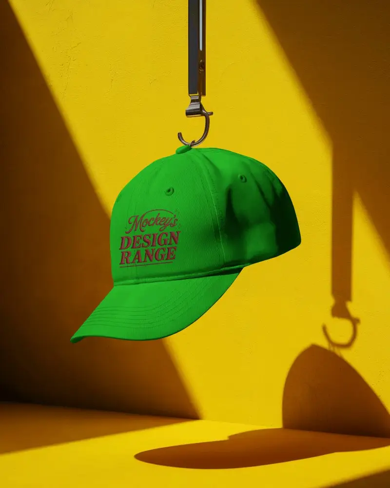 Stylish Baseball Cap Mockup Hanging On Hook With Strong Shadow Bright Yellow Background