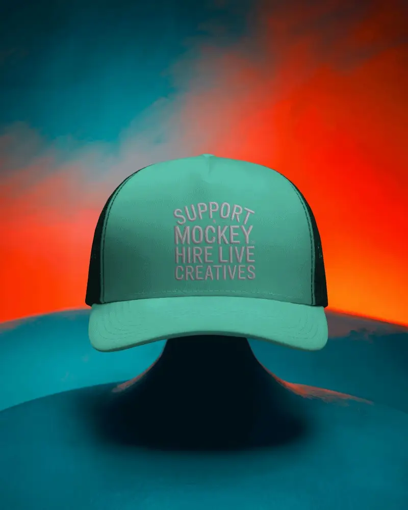 Surreal Cap Mockup Front View Hat On Rounded Surface With Fiery Gradient Background