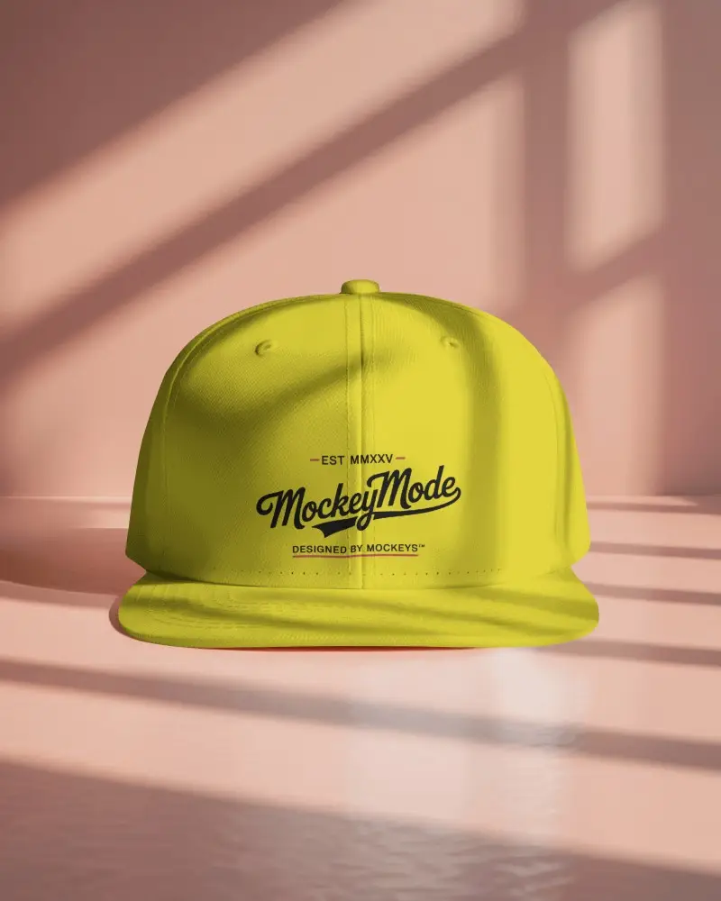 Flat Brim Cap Mockup Front View On Floor With Window Light And Soft Shadow Studio Style