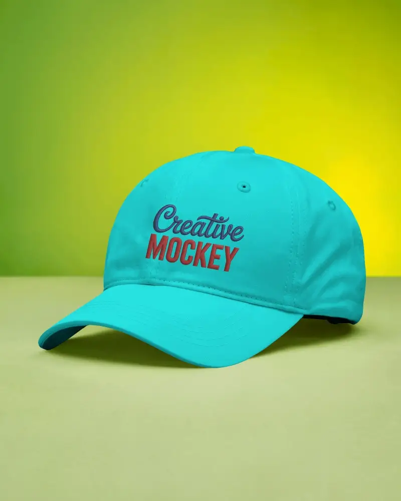 Baseball Cap Mockup Angled View On Surface With Bright Green And Yellow Gradient Backdrop