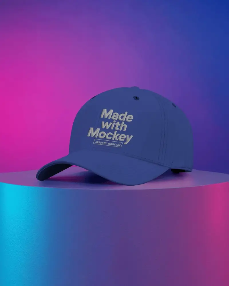 Baseball Cap Mockup Three Quarter View On Pedestal With Vivid Neon Gradient Background